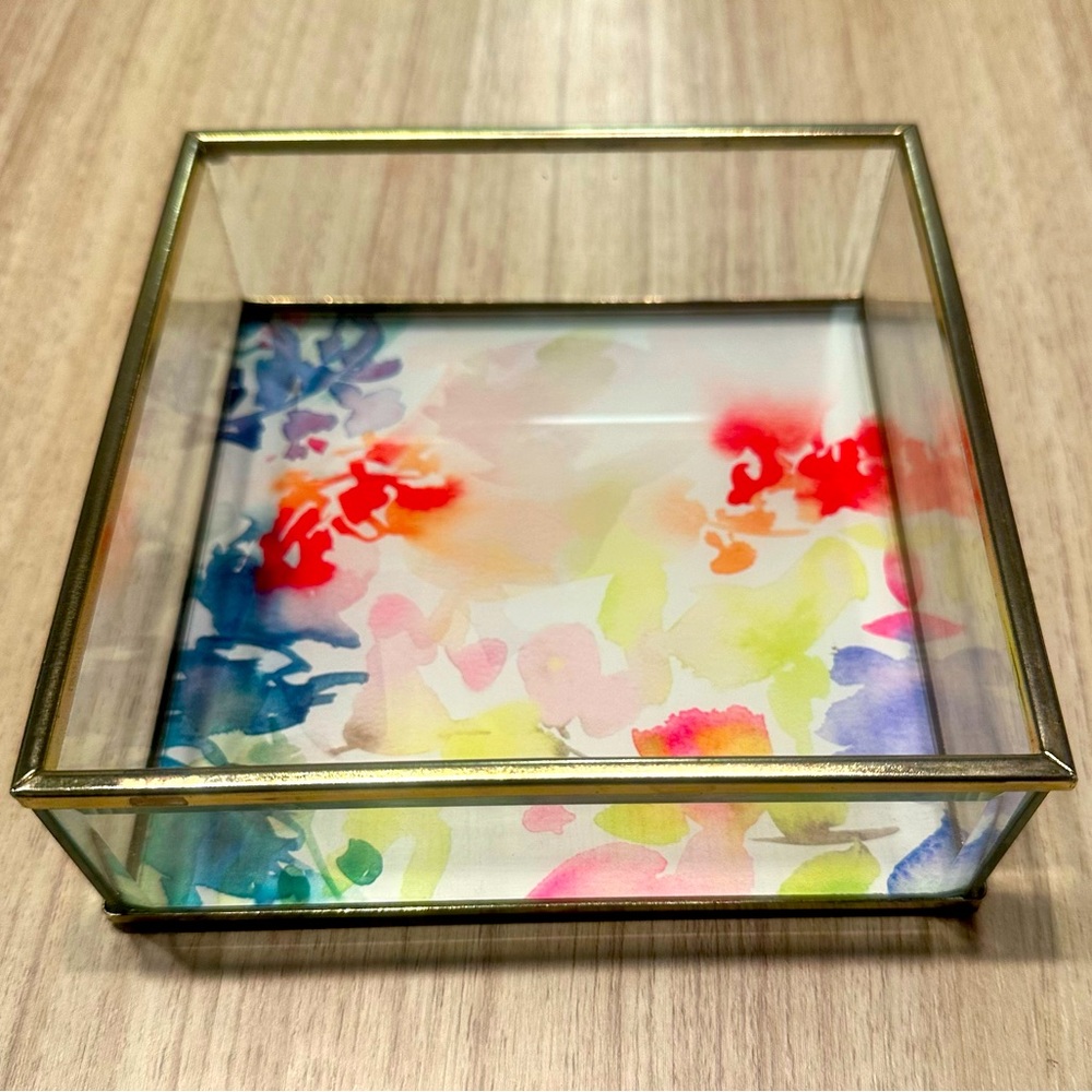 Cole colorful floral watercolor gold glass square trinket tray